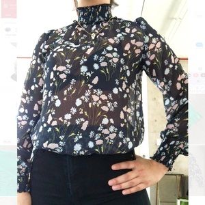 Zara - EUC - Sheer Floral Turtle Neck Top